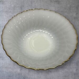 Anchor Hocking Serving Bowl 7 Swirl Milk Glass Gold Trim Vintage 8.25" USA Made‎